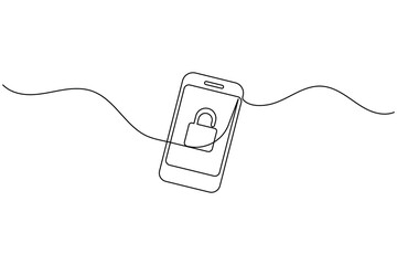 Obraz premium Smartphone cybersecurity one line drawing mobile security lock vector
