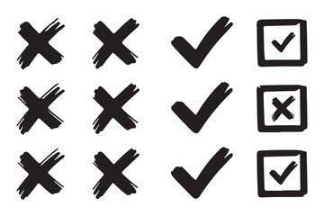 Check tick mark icon set, hand drawn doodle red cross box x check mark green checkbox v