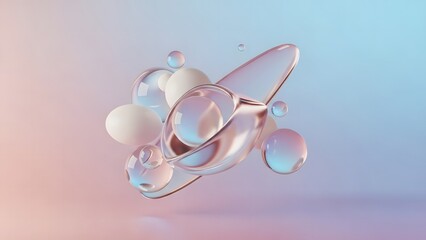Abstract composition of glossy, translucent spheres and fluid shapes floating on a soft gradient background.