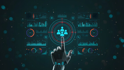 Robotic hand interacting with futuristic user interface analytics dashboard