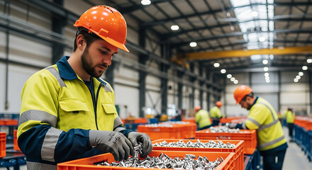 Focused factory worker in high visibility gear meticulously sorts shiny metal components inside a large industrial manufacturing warehouse setting
