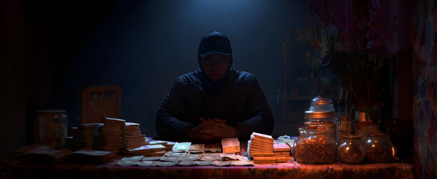 The trafficker haggling shady deals in a shadowy chamber - Powered by Adobe