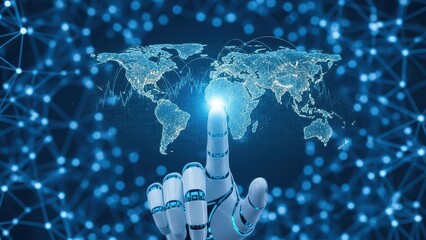 Robot is touching a globe with a blue dot on it