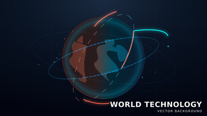 Abstract digital technology background featuring a glowing globe with futuristic orbital rings and data particles. © Aloshin Evgeniy