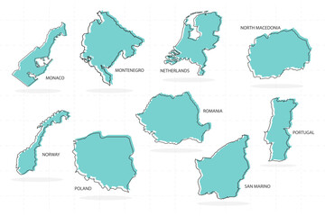 set of line country and shadow in Europe includes monaco, montenegro, netherlands, north macedonia, norway, poland, romania, san marino, and portugal.