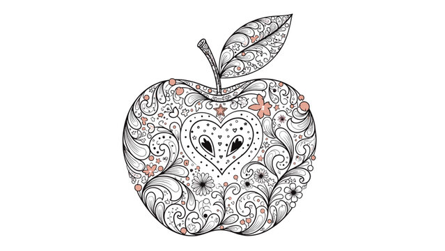 Intricate, hand-drawn zentangle apple with a heart and an owl face inside, decorated with delicate floral patterns.
