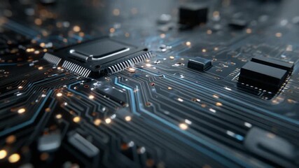 Close-up of a complex electronic circuit board with microchips and illuminated pathways. - Powered by Adobe