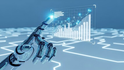 Robot is pointing at a screen with a graph on it