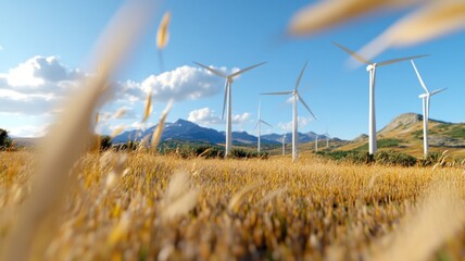 Wide landscape of white wind turbines in a golden field under a clear blue sky with distant mountains