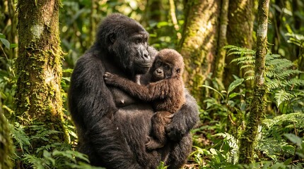 Gorilla Mother and Baby, Lush Rainforest Portrait
