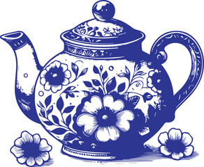 Vintage teapot with floral design and cup on side with leaves and petals vector illustration.
