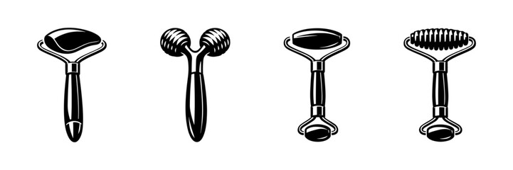 Facial roller vector icons set: beauty tools, massage rollers, skincare essentials