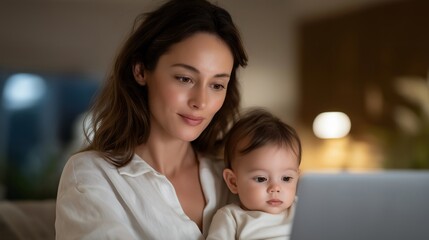 Working parent holding a baby while using a laptop, authentic portrayal of multitasking, modern family dynamics, and remote work lifestyle. cinematic color correction, natural uneven lighting yet