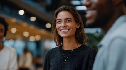 In a modern office setting, several people interact in a spacious corridor, exchanging ideas and laughter, reflecting a collaborative environment and the vibrant energy of teamwork and innovation.