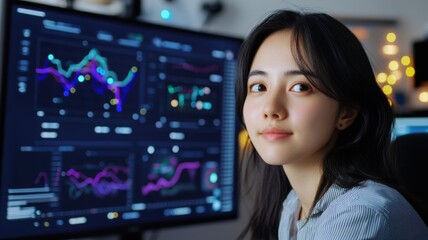 Young fintech professional confidently standing before a futuristic ESG display with holographic charts and metrics in a minimalist neon-lit office
