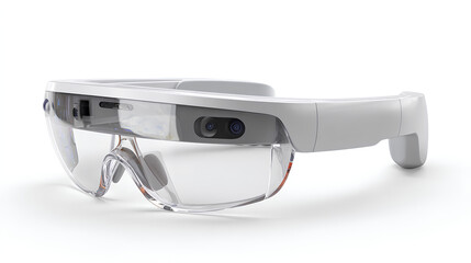 Smart augmented reality glasses on white background, Technological wearable with integrated camera and ergonomic design, Mockup for virtual reality glasses campaign
