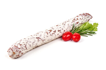 Salami with Tomatoes, Rosemary and Lettuce, isolated on white background