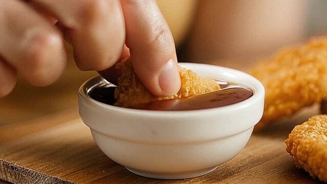 Chicken nugget dipped into sauce in white bowl, close up crispy snack moment on kitchen table, fast food eating, comfort food, restaurant, food delivery
