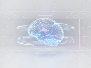 Digital Brain Scan with Futuristic Holographic Interface on a Clean White Background - Cinematic Visualization