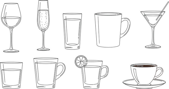 Collection of various outline beverage containers including wine glasses champagne flutes tall highball glasses mugs and coffee cups for drink illustrations