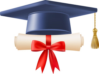 3d diploma scroll with graduate hat. Vintage roll paper with blue mortarboard. Graduation education certificate of university, college, or school. Vector illustration. EPS 10.