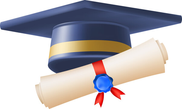 3d diploma scroll with graduate hat. Vintage roll paper with blue mortarboard. Graduation education certificate of university, college, or school. Vector illustration. EPS 10.