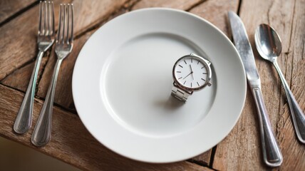 Intermittent Fasting Concept: Wristwatch on Empty Plate with Silverware, Representing Time Restricted Eating
