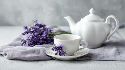 Fototapeta premium Elegant Tea Service with Lavender Accents, Promoting Relaxation and Calm, Ideal for Wellness and Lifestyle Content