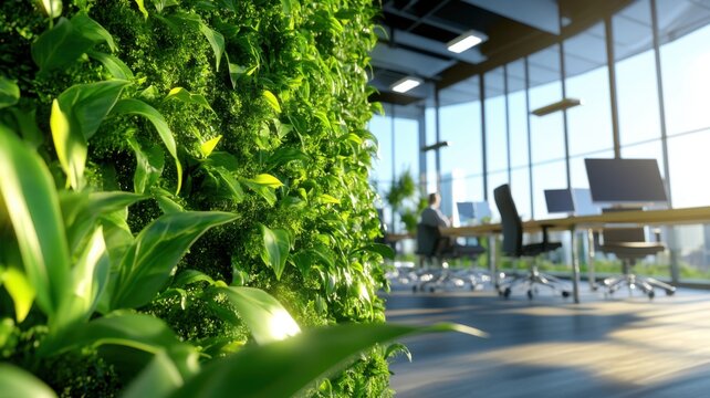 Startup team collaboration in a bright green office with a vertical garden wall and solar-powered lighting fixtures - Powered by Adobe