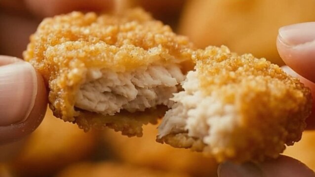 Broken chicken nugget showing juicy white meat inside and crispy coating, extreme close up food texture, fast food detail, restaurant, food advertising