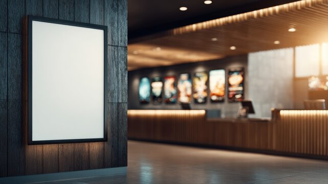 Blank Advertisement Poster Mockup at Cinema Entrance, Ideal for Movie Promotion and Theater Advertising