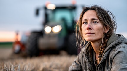 Contemplative Female Farmer in Field with Tractor at Sunset, Embracing Agriculture and Sustainable Farming Practices