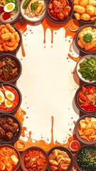 Circular arrangement of Asian dishes surrounding empty space with orange sauce drips