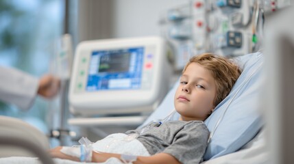 Young child lying in hospital bed, recovering from illness with intravenous drip and monitoring equipment