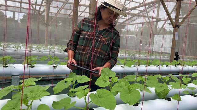 A woman observes the growth of melons grown using the hydroponic planting method.