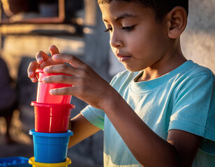 Child playing with stacking toy, concentration, fine motor skills and early learning