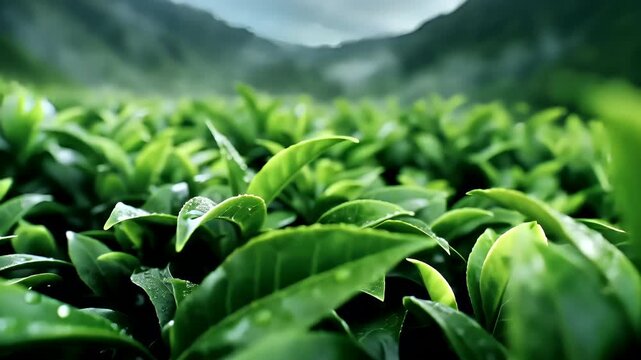 Tea industry. Tea leaves. Plantation. Culture. green tea leaves with dewdrops on them, set against a backdrop of mountains and sunlight filtering through the leaves.