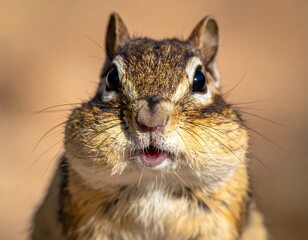 Close-up of a chipmunk with full cheeks, facing forward, against a blurred, neutral background