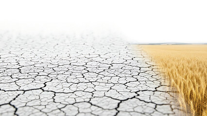 Dry cracked earth next to lush green and yellow field contrasting drought and fertile land in a landscape