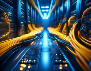 close up of a server room shows intricate blue and yellow cables glowing leds create a soft bokeh background in this futuristic cinematic photo