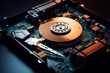 Hard drive showing internal platter and readwrite head on a circuit board