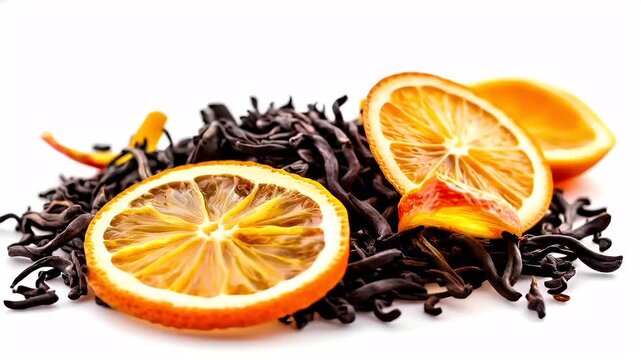 Tea industry. Tea leaves. Plantation. Culture. A closeup of dried orange slices and black tea leaves on a white background. The orange slice is prominently featured in the foreground.