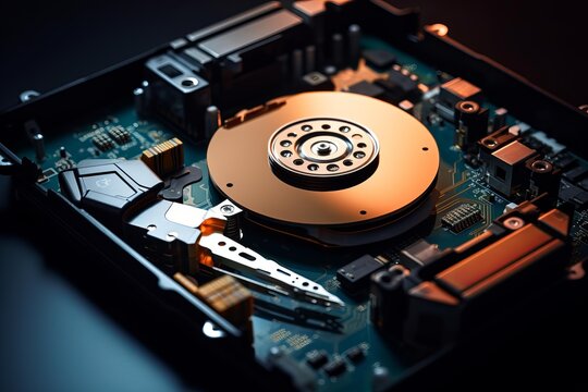 Hard drive showing internal platter and readwrite head on a circuit board