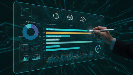 Businessman analyzing data on a futuristic digital dashboard screen