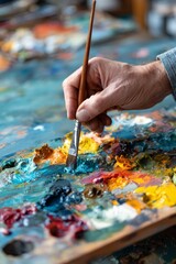 Close up of an artists hand holding a paintbrush over a wooden palette covered with thick oil paints of various bright colors in art studio