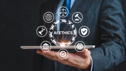 Businessman presenting AI ethics concept on tablet in professional setting