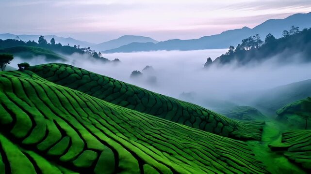 Tea industry. Tea leaves. Plantation. Culture. Aerial view of lush green terraced fields with misty mountains in the background during twilight.