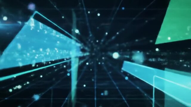 Abstract digital network background with binary code and geometric shapes, perfect for technology concepts.
