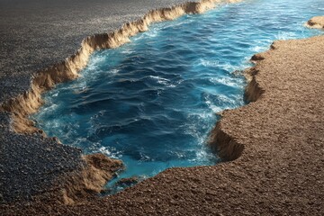 Conceptual image of earth with a deep canyon filled with blue sea water between rocky ground and pebbled shores under bright sunlight.