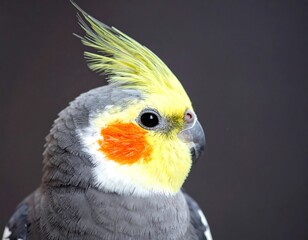 Close-up of a gray and yellow cockatiel bird, with a prominent crest, against a solid dark gray background